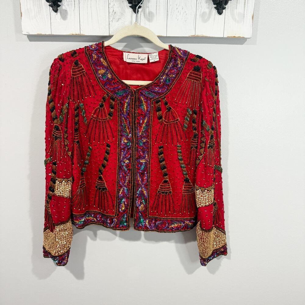 Laurence Kazar Vintage Red Beaded Silk Cropped Jacket Size M